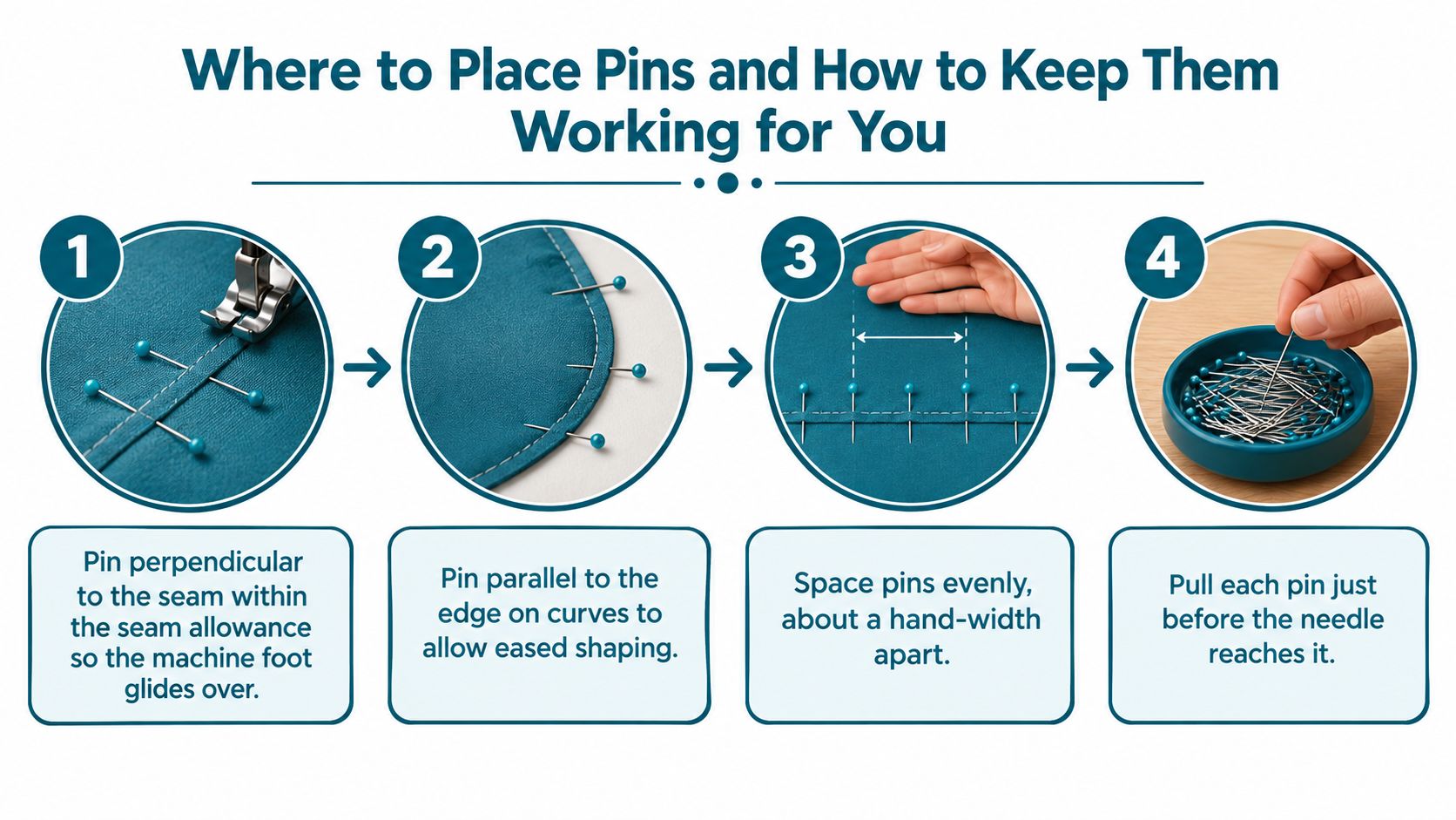 An infographic showing four steps on how to place sewing pins correctly for stitching fabric pieces together.