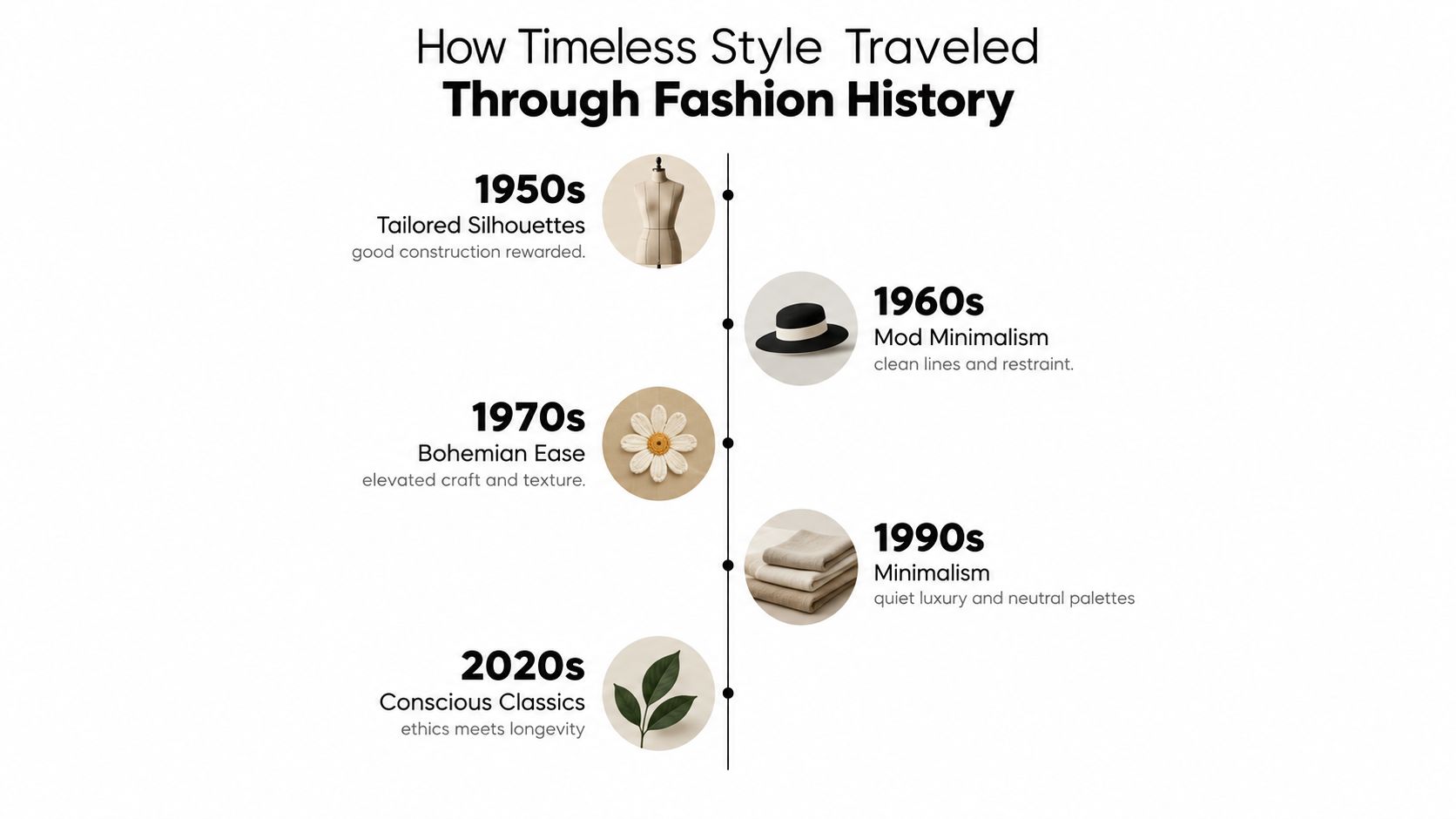 A vertical timeline infographic showing the evolution of timeless fashion styles from the 1950s to 2020s.