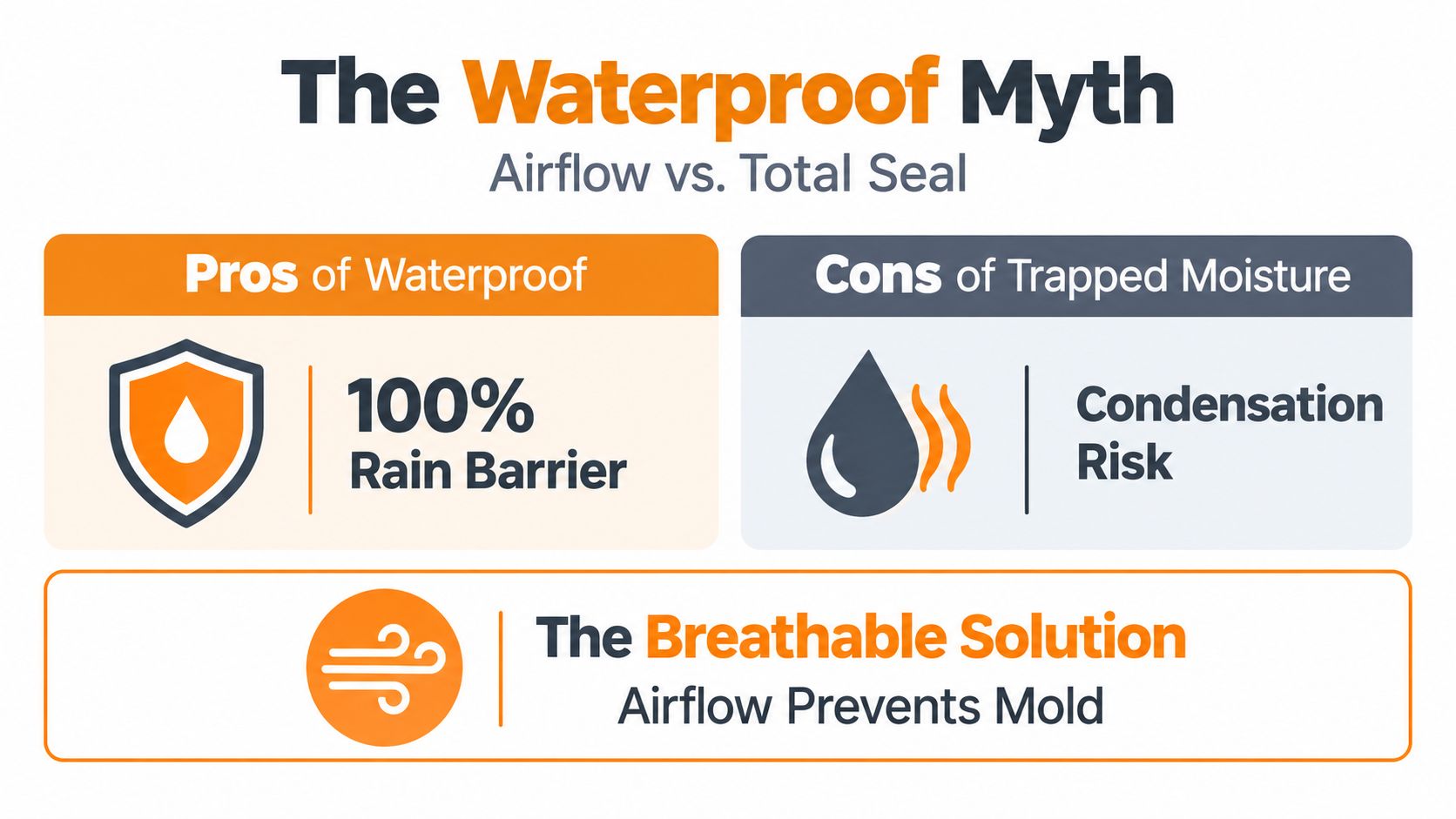 An infographic titled The Waterproof Myth comparing the benefits of waterproof barriers against the risks of trapped moisture.