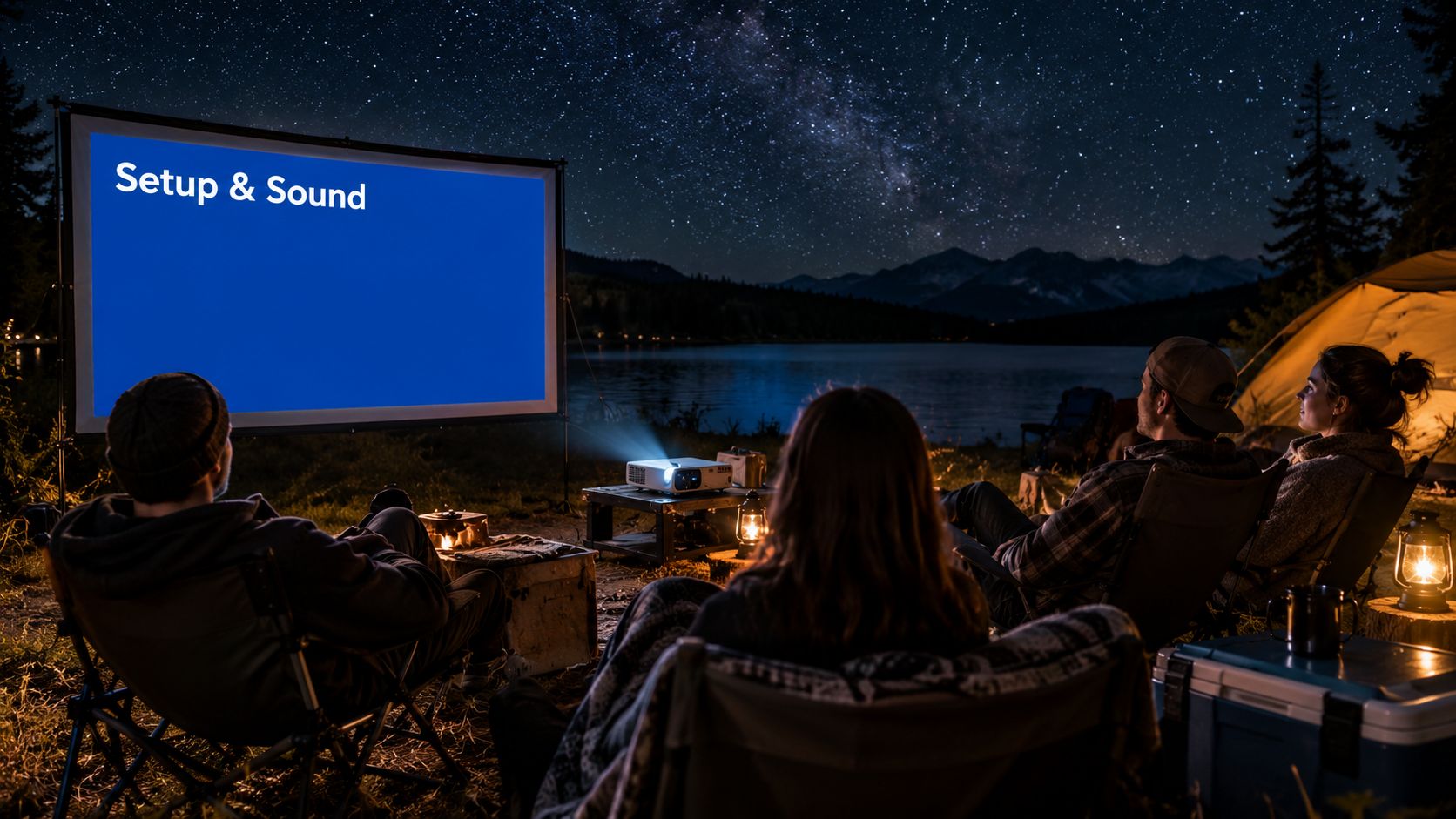 A group of friends enjoys an outdoor movie night while camping under a starry night sky.