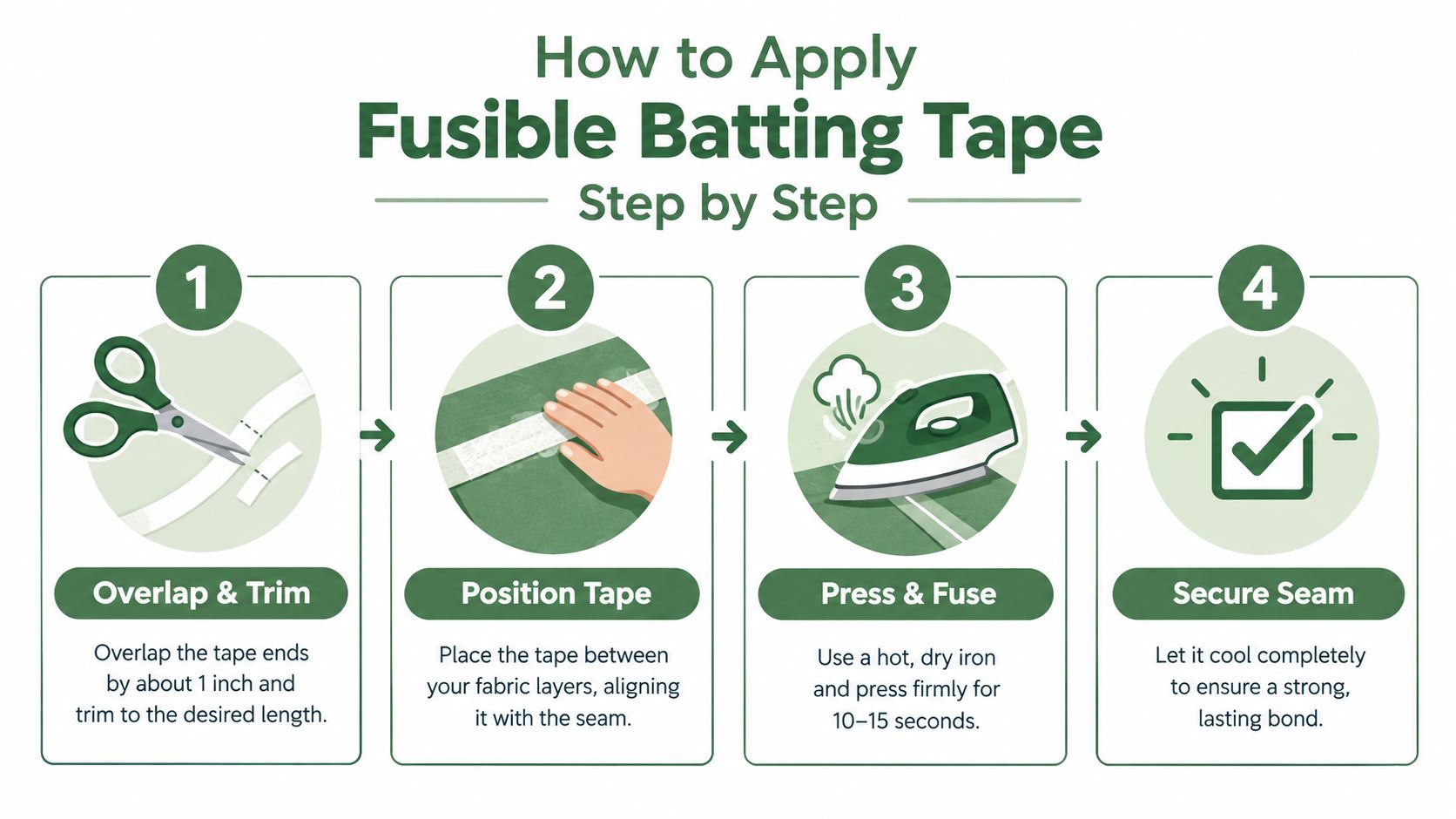 A step-by-step instructional graphic showing how to apply fusible batting tape to fabric projects.