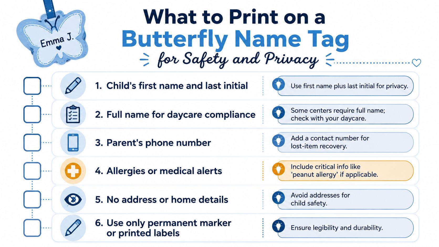 An infographic titled What to Print on a Butterfly Name Tag for Safety and Privacy, listing six guidelines.