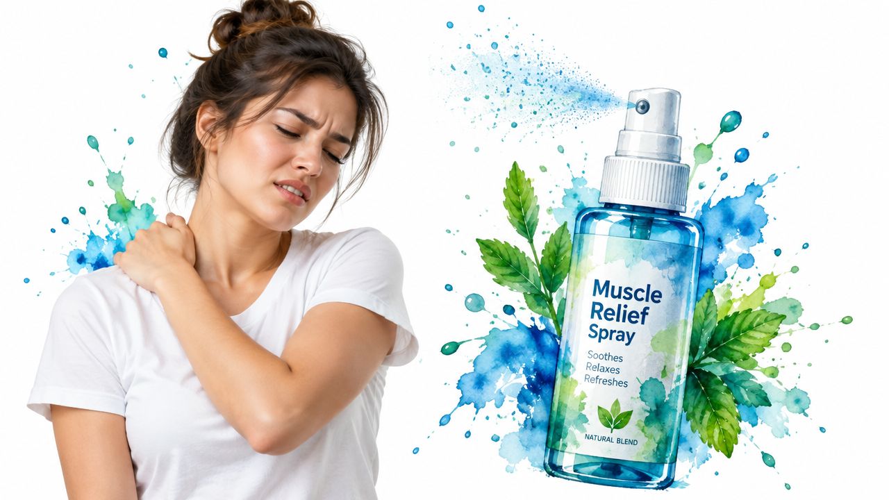 A woman rubbing her shoulder in pain next to a bottle of muscle relief spray with botanical illustrations.