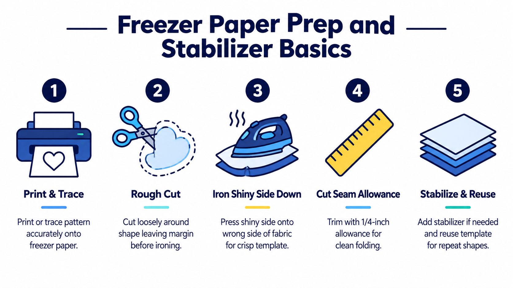 A five-step infographic guide demonstrating how to use freezer paper for quilting and fabric appliqué preparation.