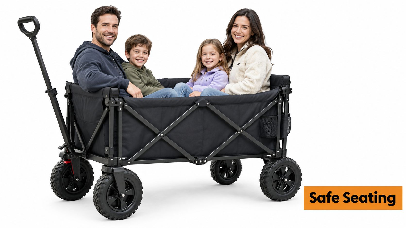 A family of four sits happily inside a large black folding wagon against a white background.
