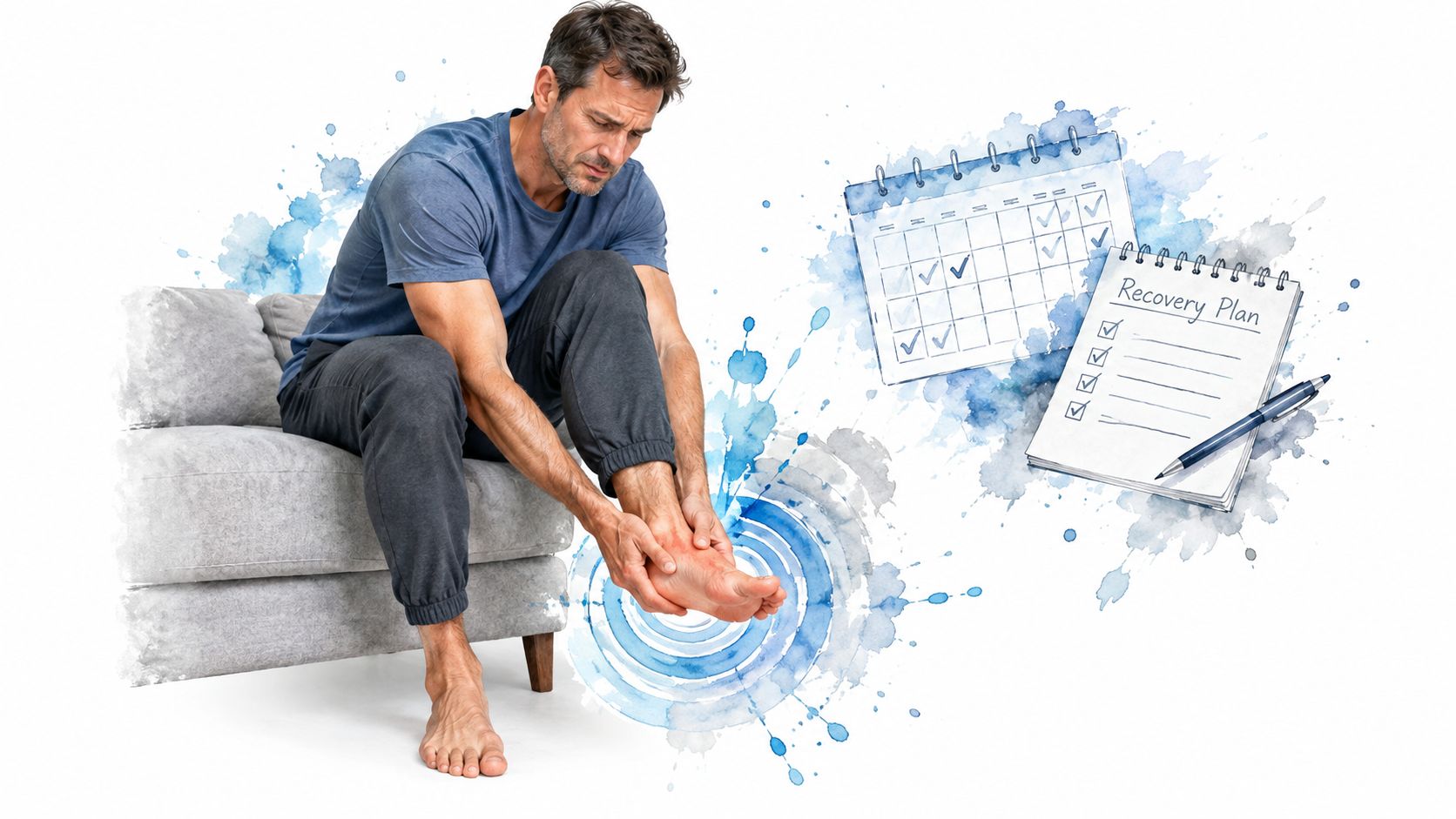 A man sitting on a sofa looking concerned while massaging his painful, swollen foot with a recovery plan.