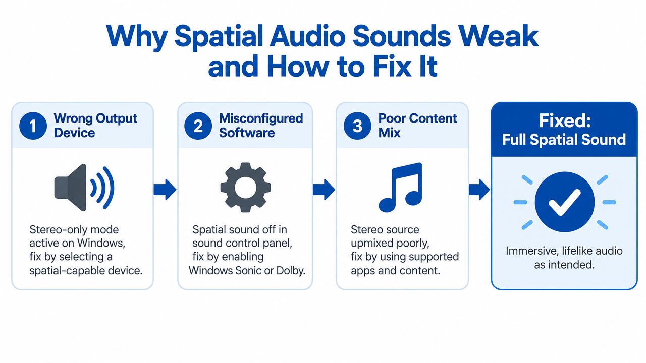 An infographic showing the three main reasons why spatial audio sounds weak and how to fix it.