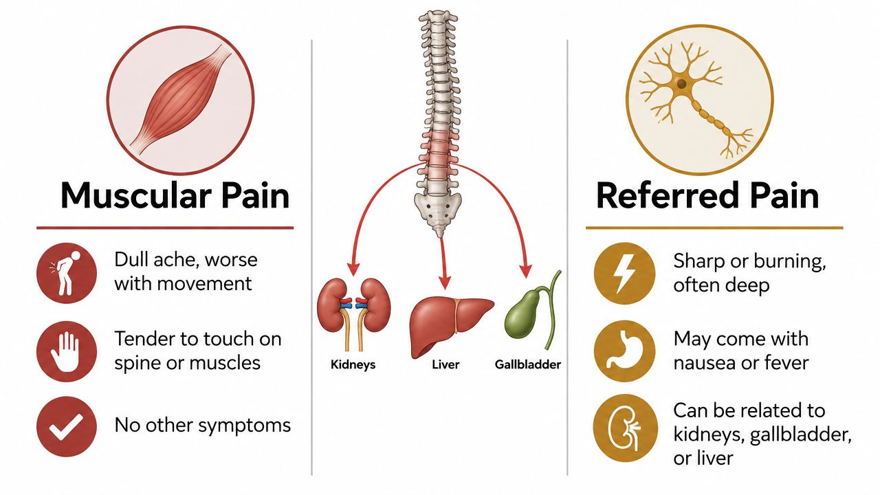 An infographic comparing muscular back pain and referred pain caused by organ issues like kidneys, liver, or gallbladder.