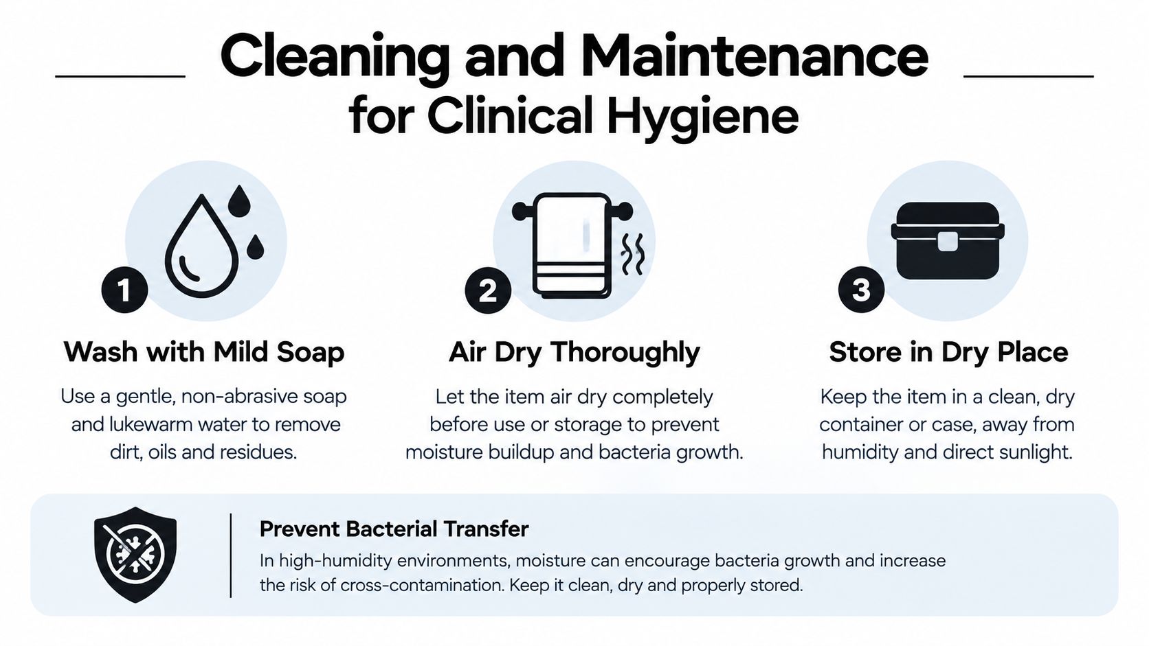 An infographic titled Cleaning and Maintenance for Clinical Hygiene displaying three steps for proper item care.