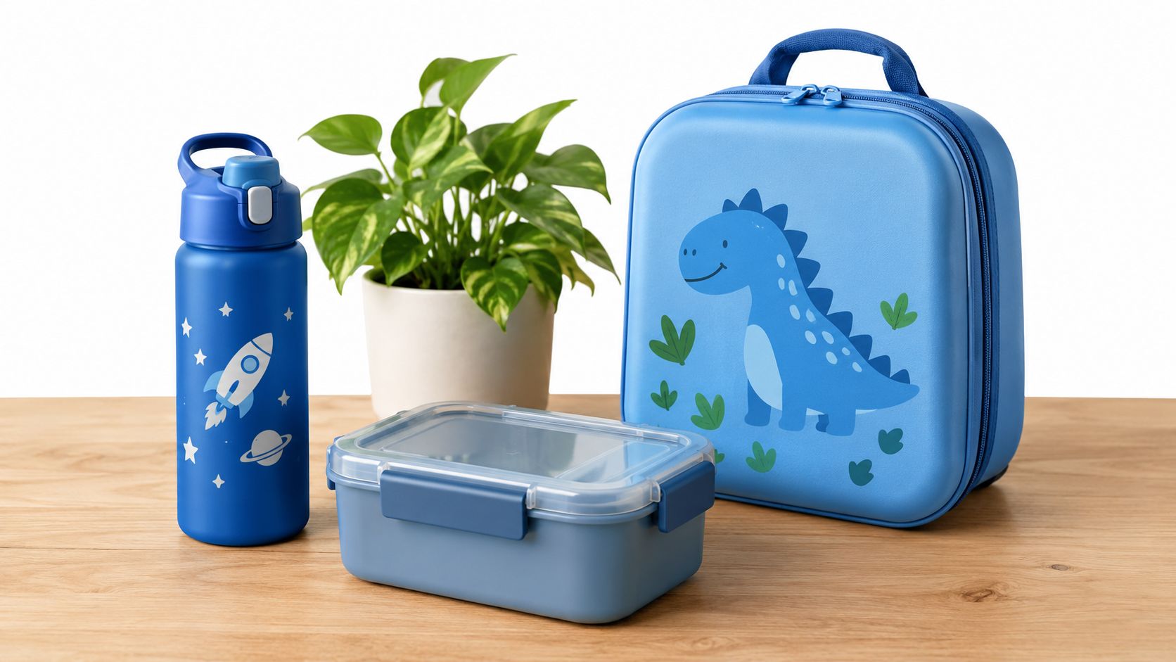 A collection of kids' everyday items like a water bottle, lunchbox, and small case on a wooden surface.
