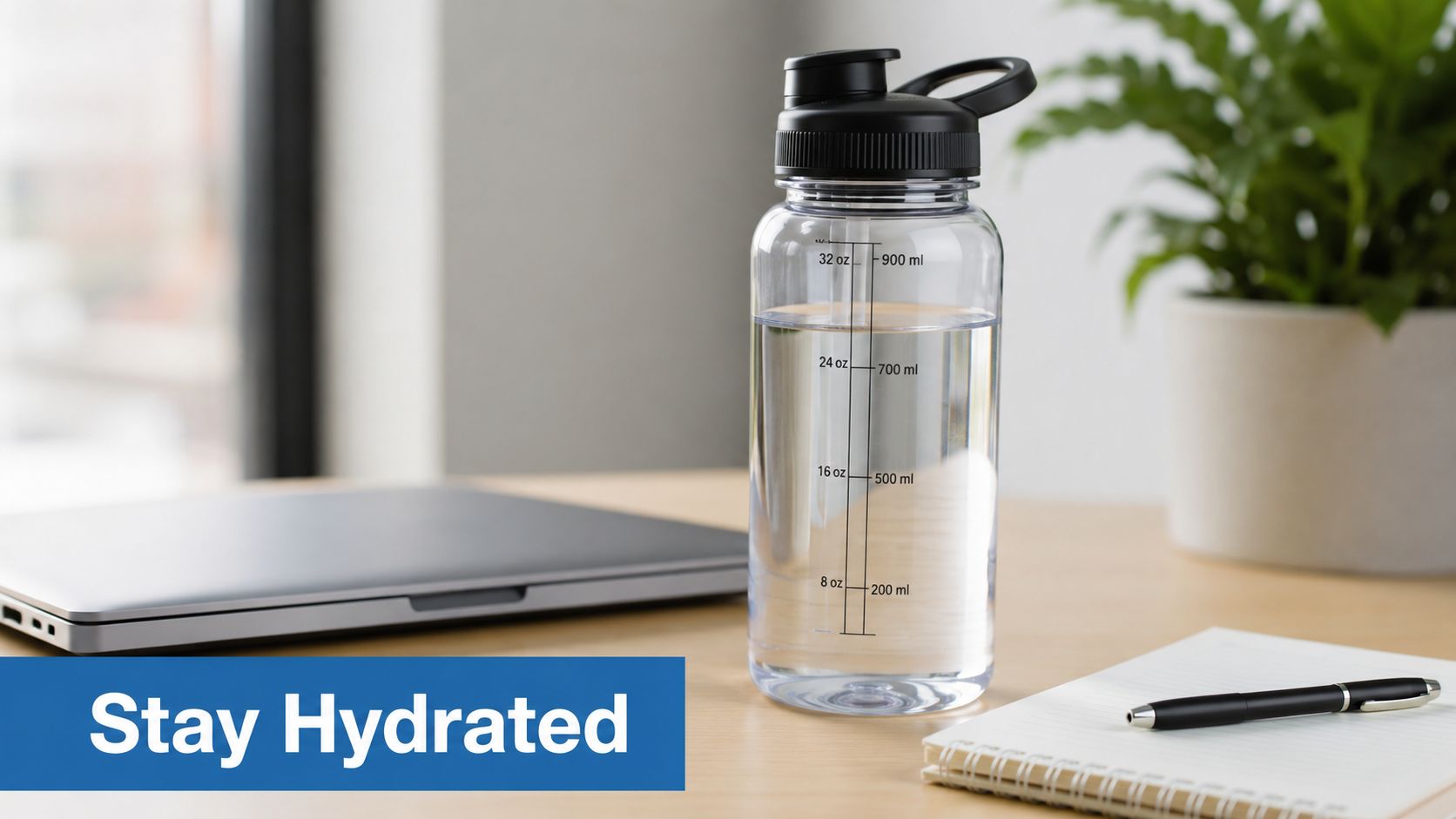 A clear reusable water bottle filled with water sitting on an office desk next to a laptop.