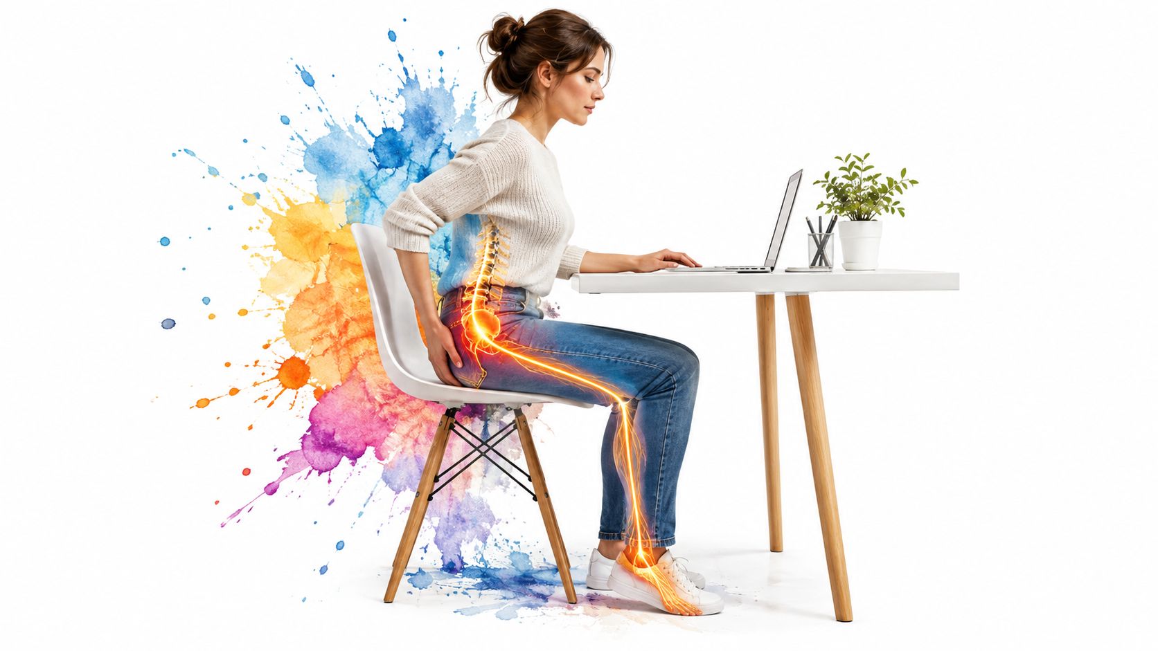 A woman sitting at a desk experiencing sciatica pain with a glowing nerve illustration in her leg.