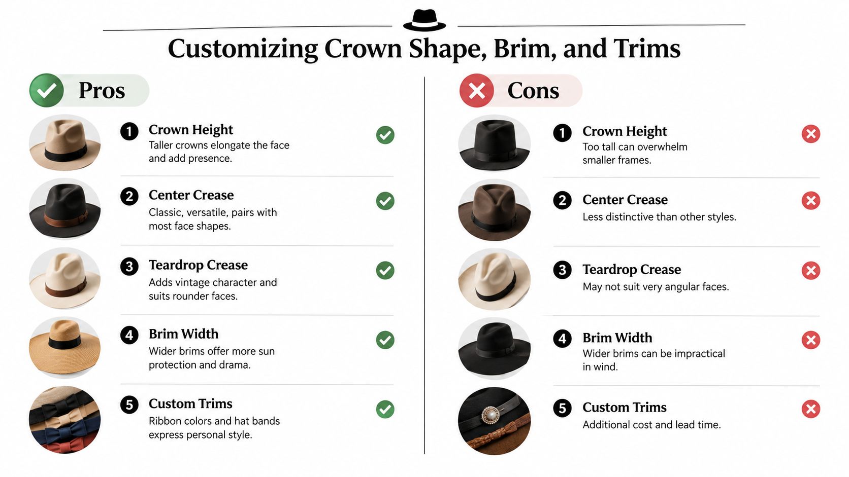 A comparison chart outlining the pros and cons of customizing crown shapes, brim widths, and hat trims.