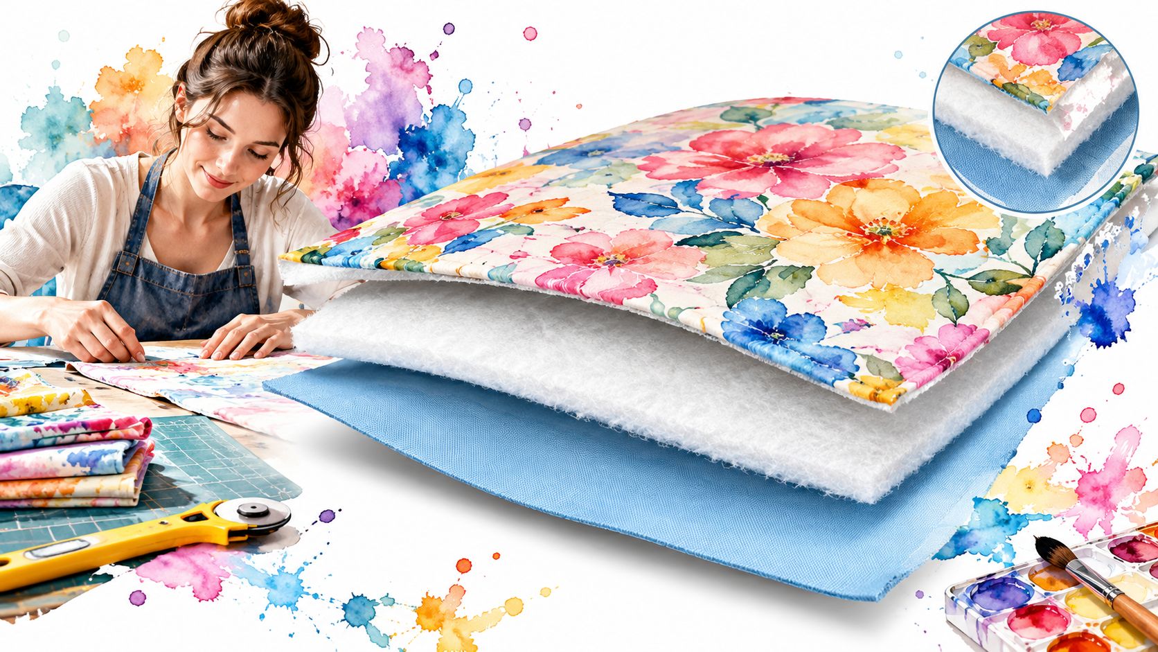 A woman crafting with floral fabric, showing layers of fusible batting for quilting and sewing projects.