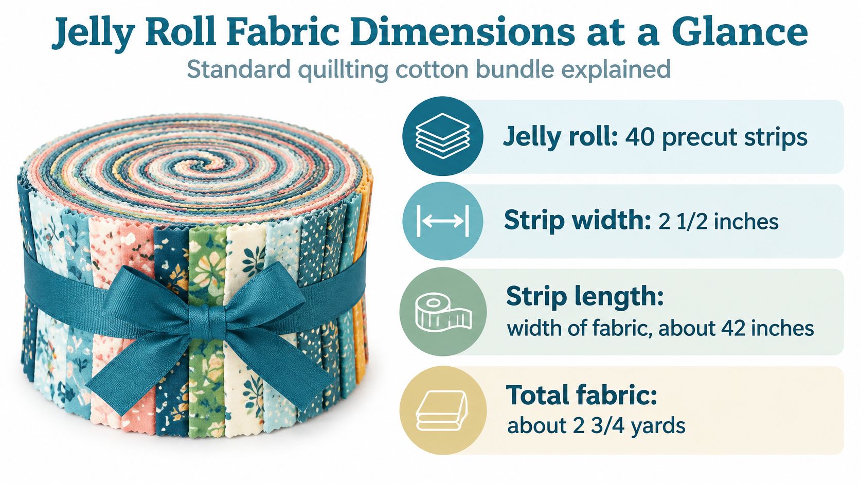 A coiled jelly roll bundle of precut fabric strips displayed with its specifications and dimensions listed.