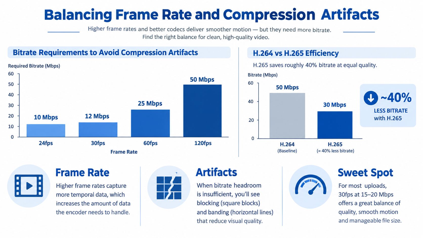 An infographic illustrating the relationship between frame rates, bitrate requirements, and video codec efficiency for high-quality video.