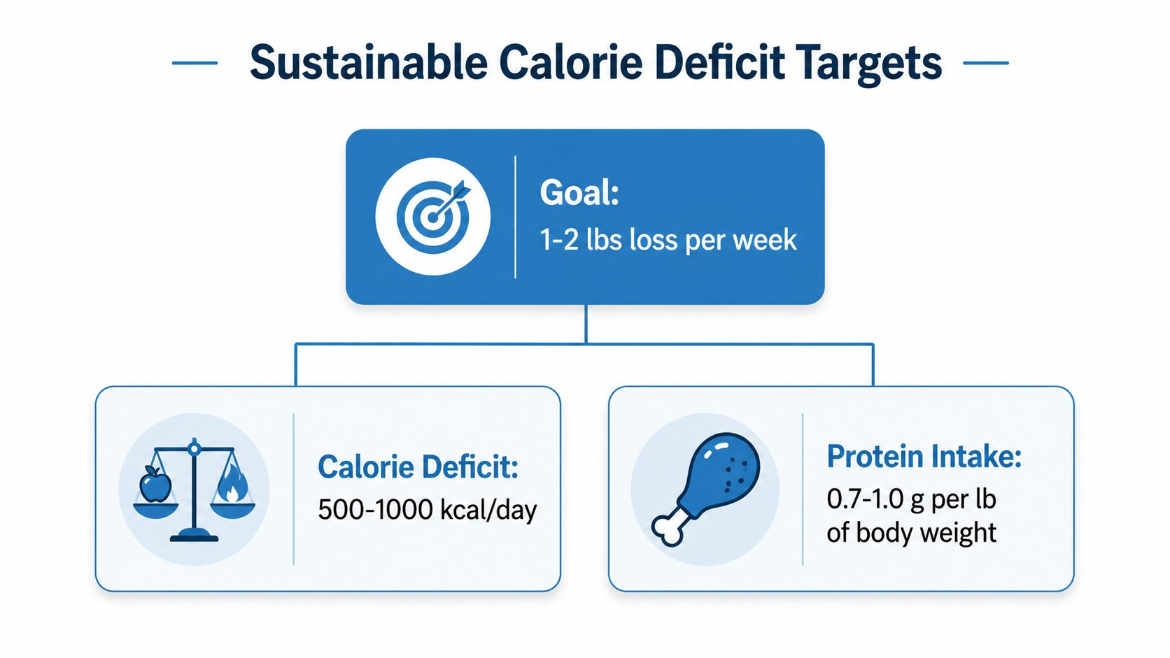A diagram outlining sustainable calorie deficit targets for losing one to two pounds of weight per week.