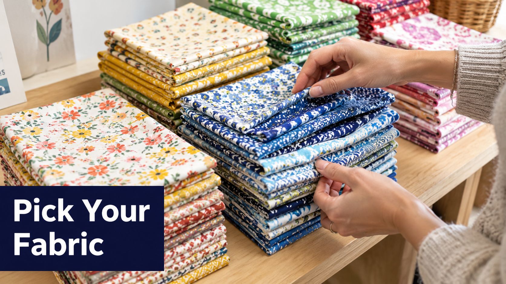 A person organizing stacks of colorful floral patterned fabric bundles on a wooden store shelf.