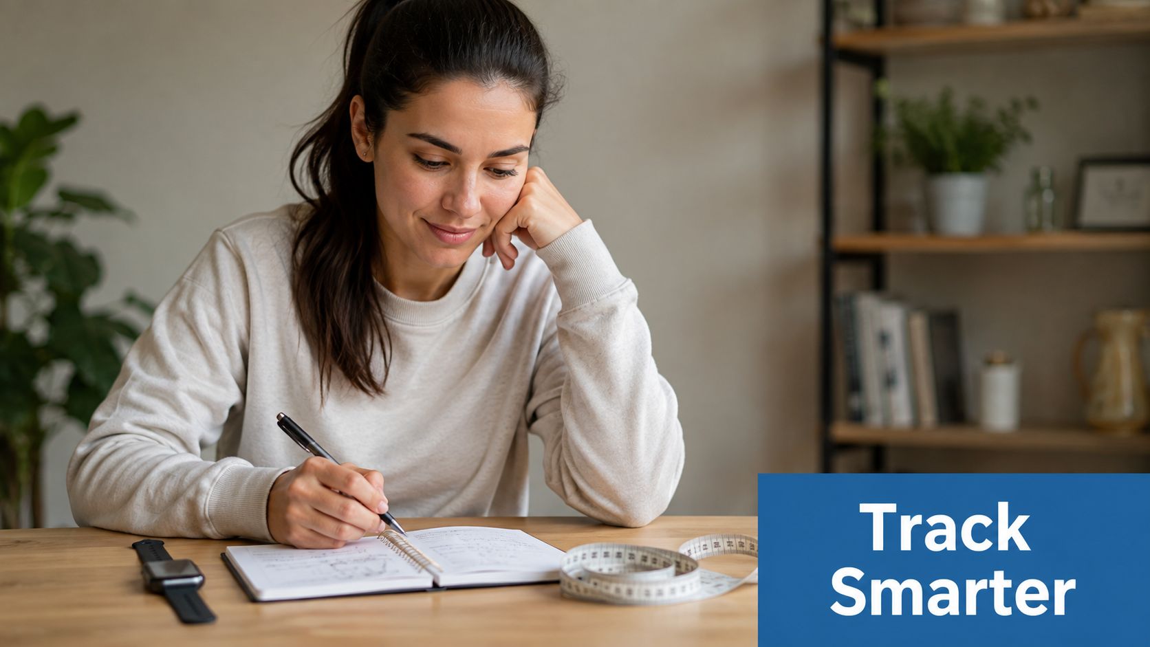 A woman writing in a notebook next to a tape measure, focusing on tracking health and fitness.