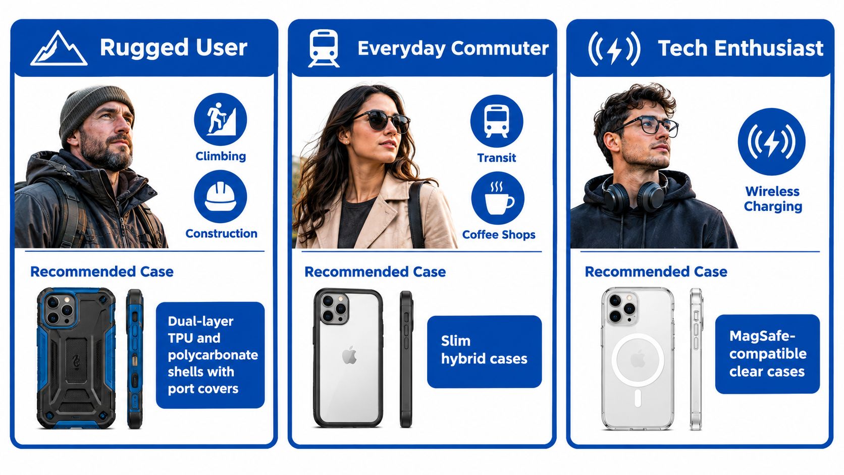 A comparison chart showing recommended phone case styles for rugged users, commuters, and tech enthusiasts.
