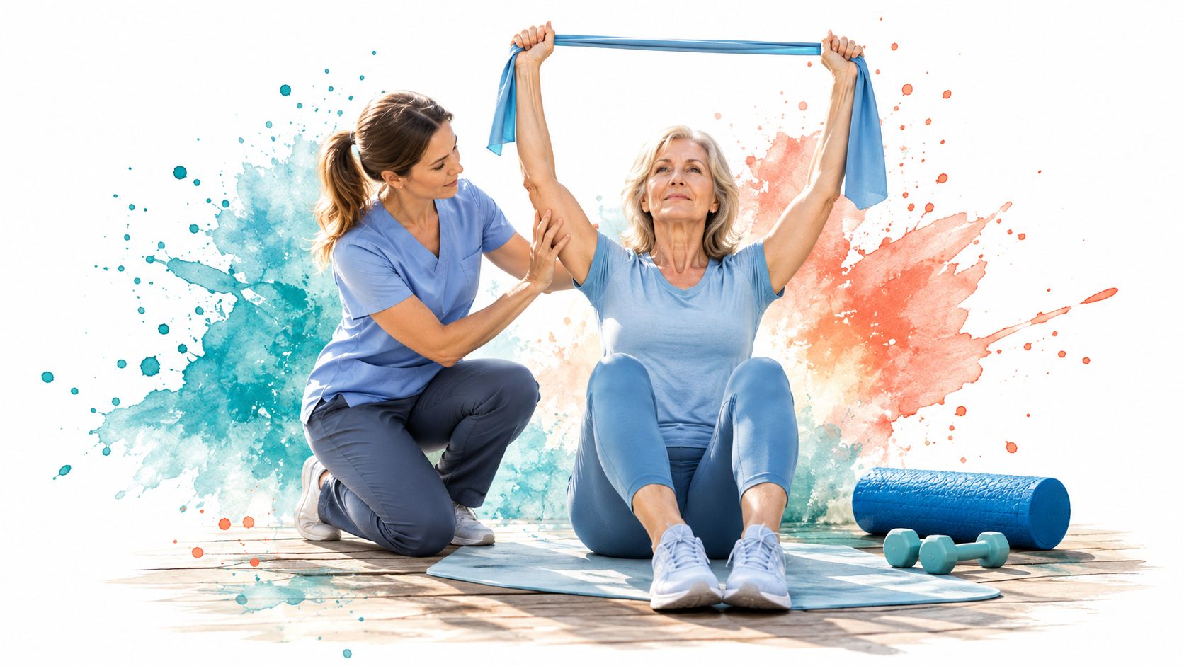 A professional therapist assists an older woman with shoulder stretching exercises using a blue resistance band.