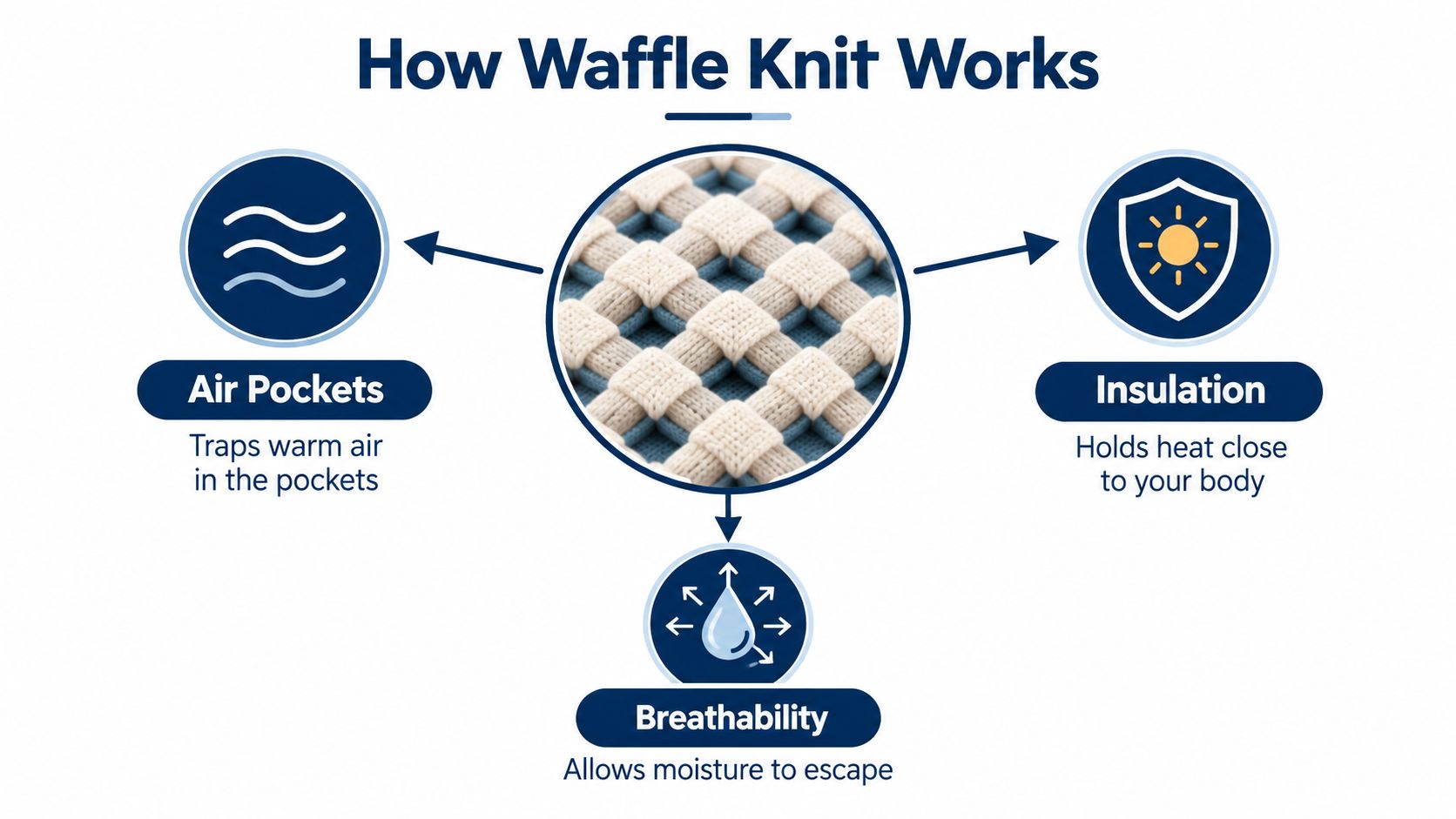 A diagram explaining how waffle knit fabric works through air pockets, thermal insulation, and fabric breathability.