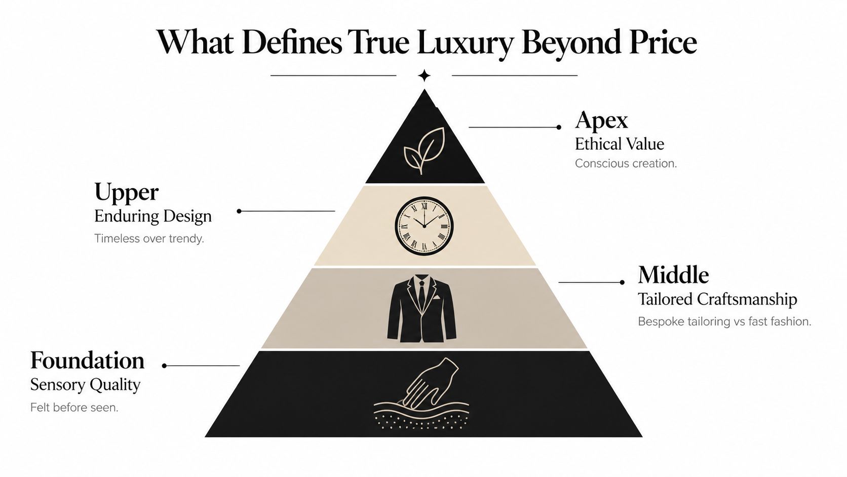 A hierarchical pyramid chart outlining the four pillars that define true luxury beyond its monetary price.