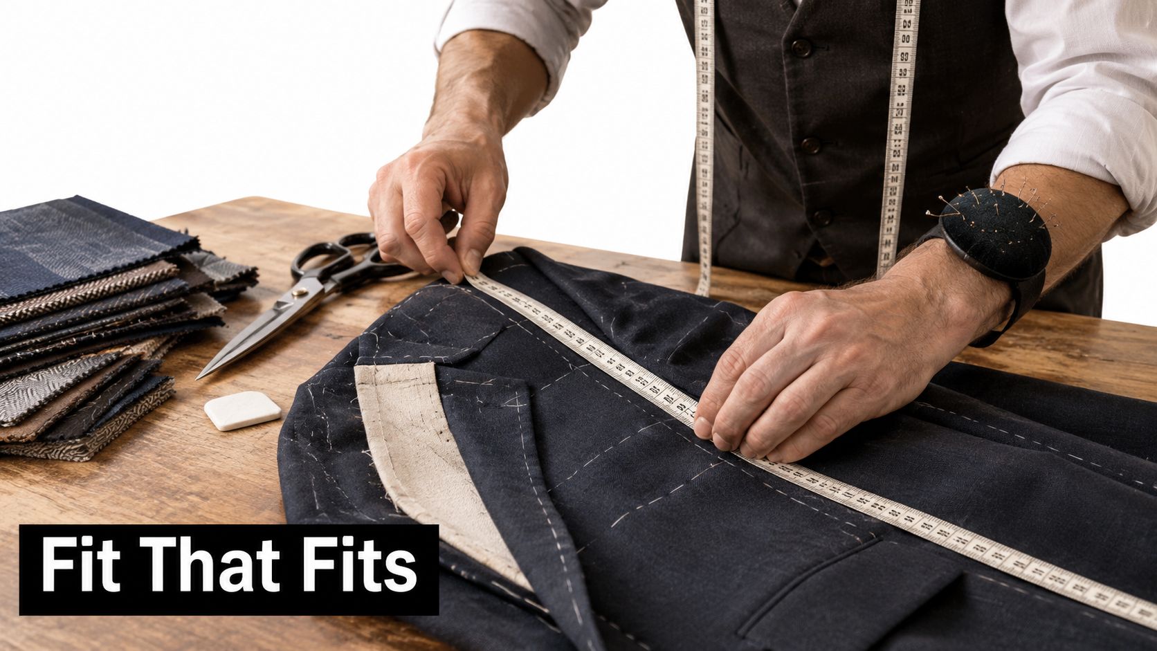 A professional tailor measuring a dark suit jacket on a wooden table with various sewing tools.