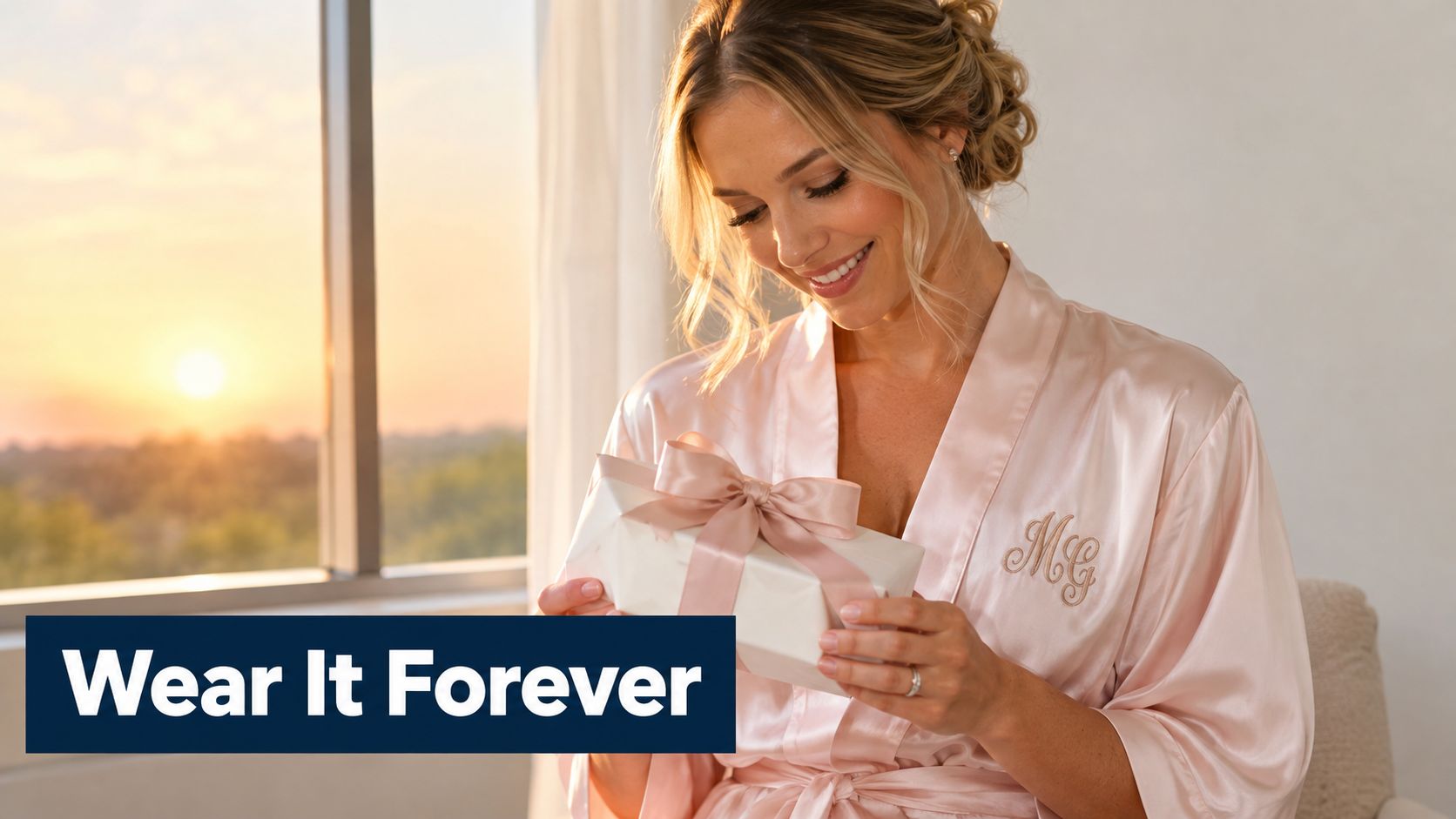 A smiling bride wearing a light pink satin monogrammed robe holds a wrapped gift by a window.