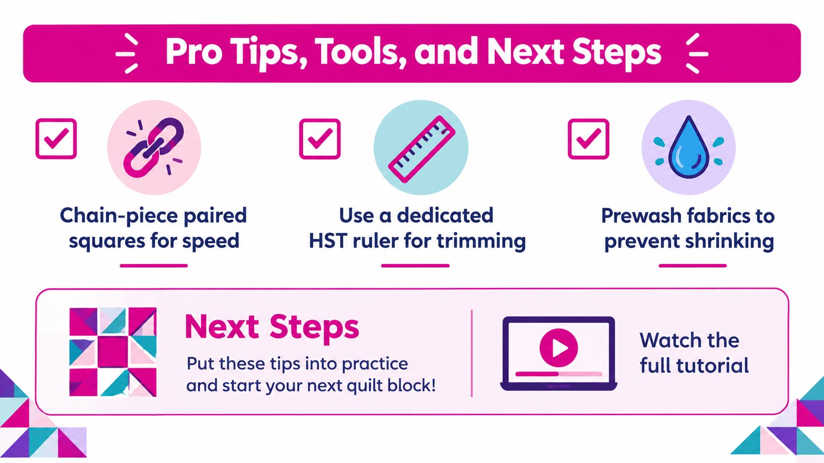 An instructional graphic providing quilting tips, tools, and a prompt to watch a full video tutorial.