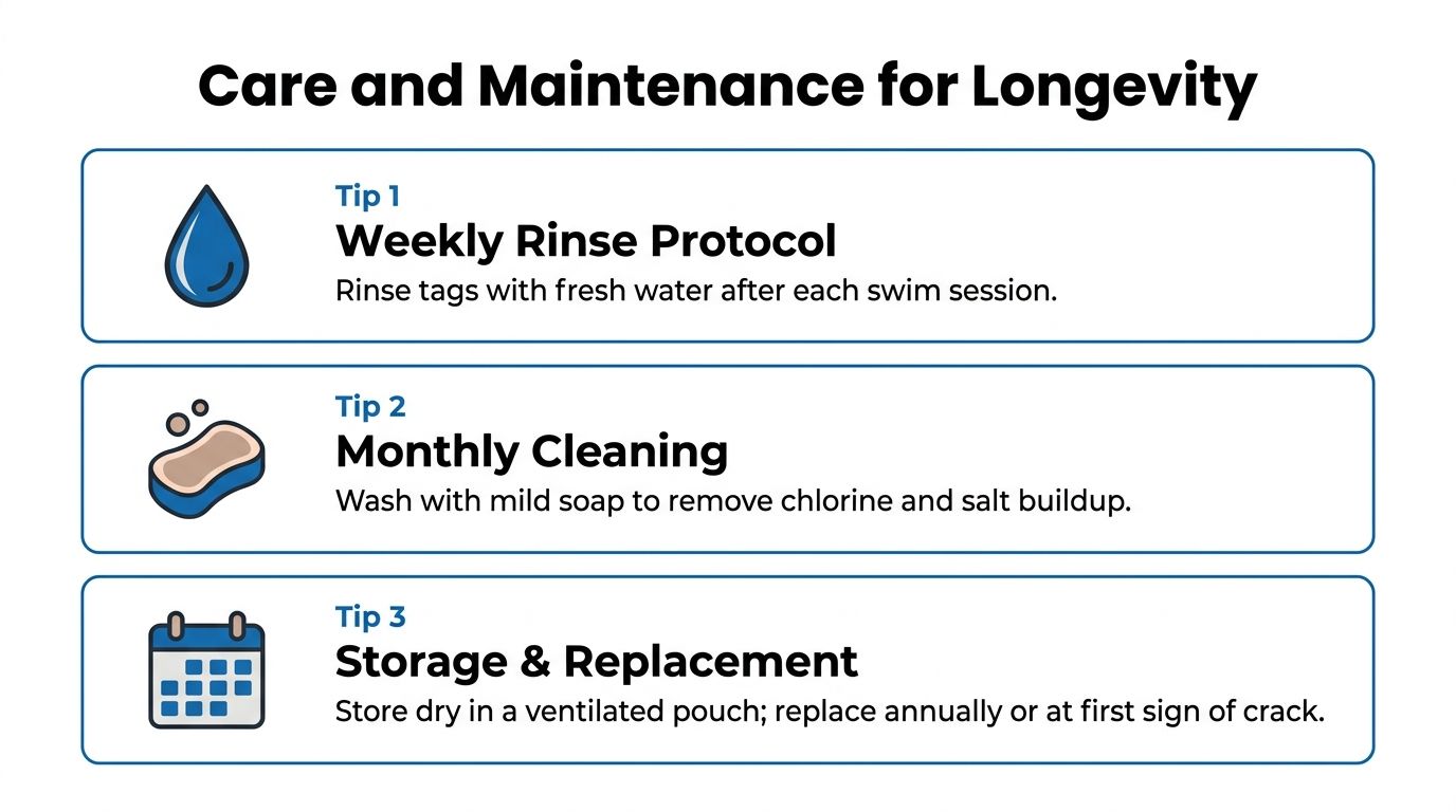 A guide titled Care and Maintenance for Longevity providing three tips for cleaning and storing swimming gear.