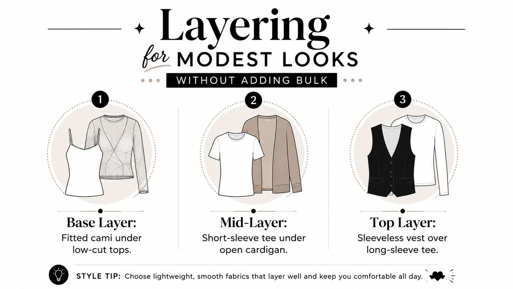 A style guide illustration showing three different layering techniques for creating modest fashion looks without added bulk.