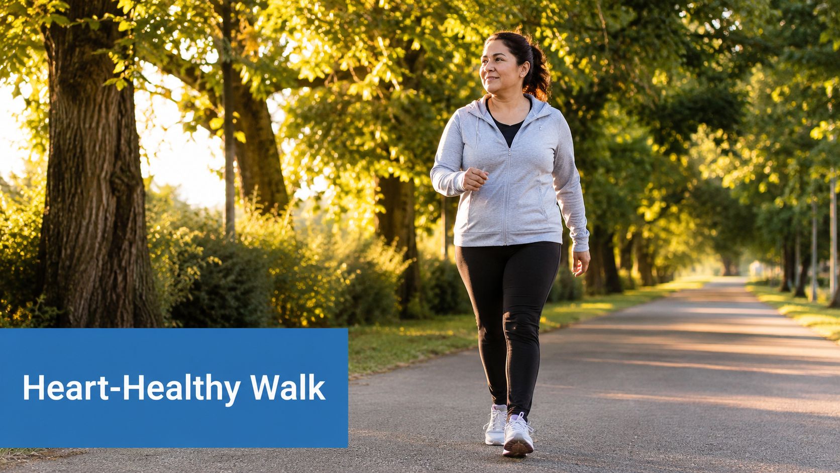 A happy woman walking along a sunlit park path as part of a heart-healthy walking exercise routine.