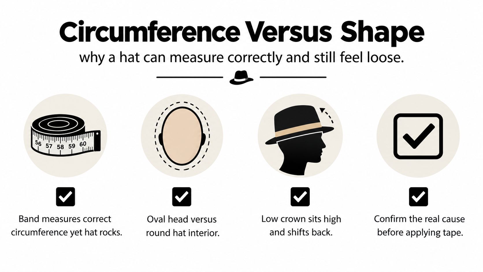 An infographic explaining why hat circumference measurements do not always ensure a proper fit due to head shape.