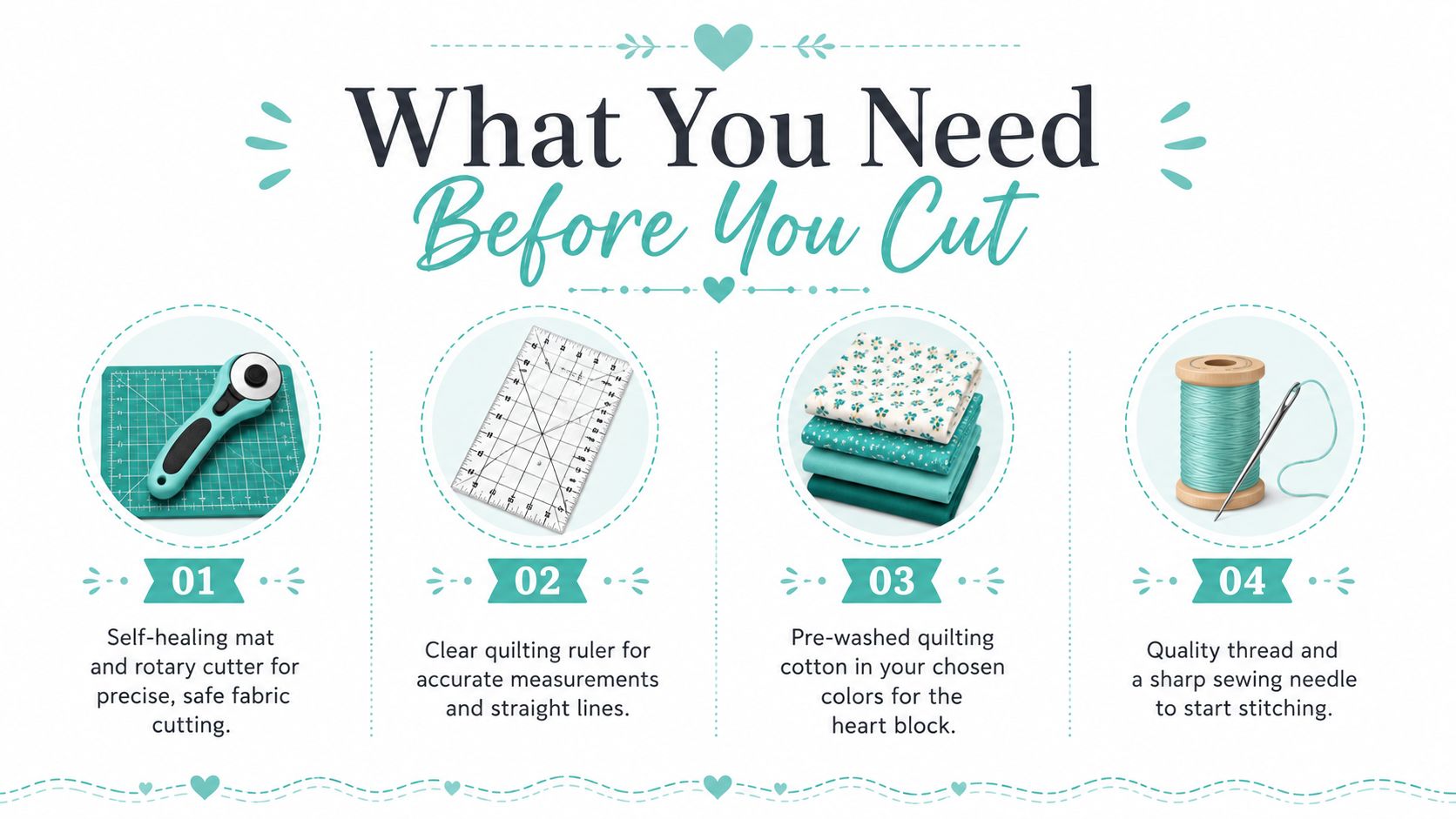 A list showing four essential sewing supplies for making a heart quilt block including tools and fabrics.