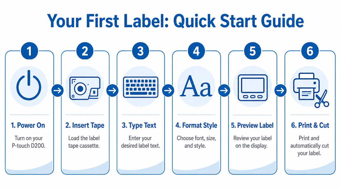 A six-step Quick Start Guide infographic for using a Brother P-touch D200 label maker.
