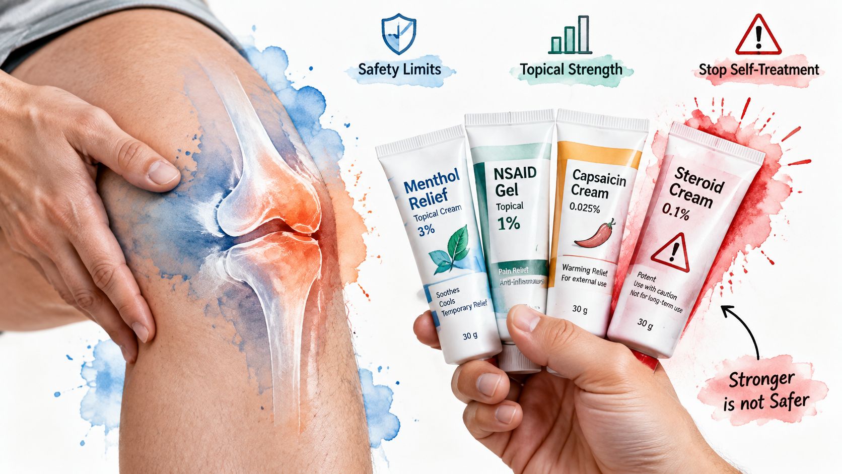 A hand holding four different tubes of topical cream for treating knee pain, including menthol, NSAID, and steroids.