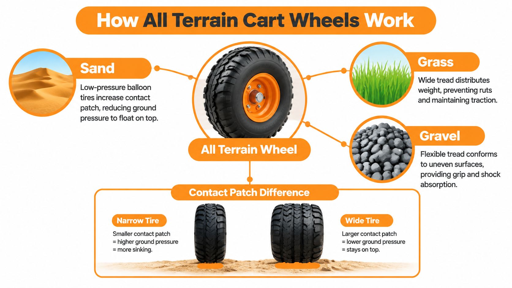 A diagram explaining how all terrain cart wheels use wide contact patches to function effectively across different surfaces.
