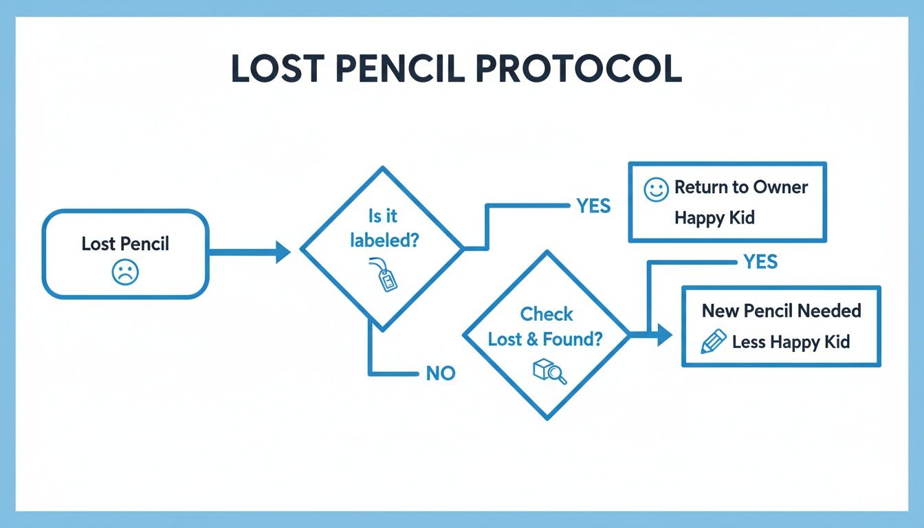 A flowchart detailing the lost pencil protocol, including checks for labels and the lost and found.
