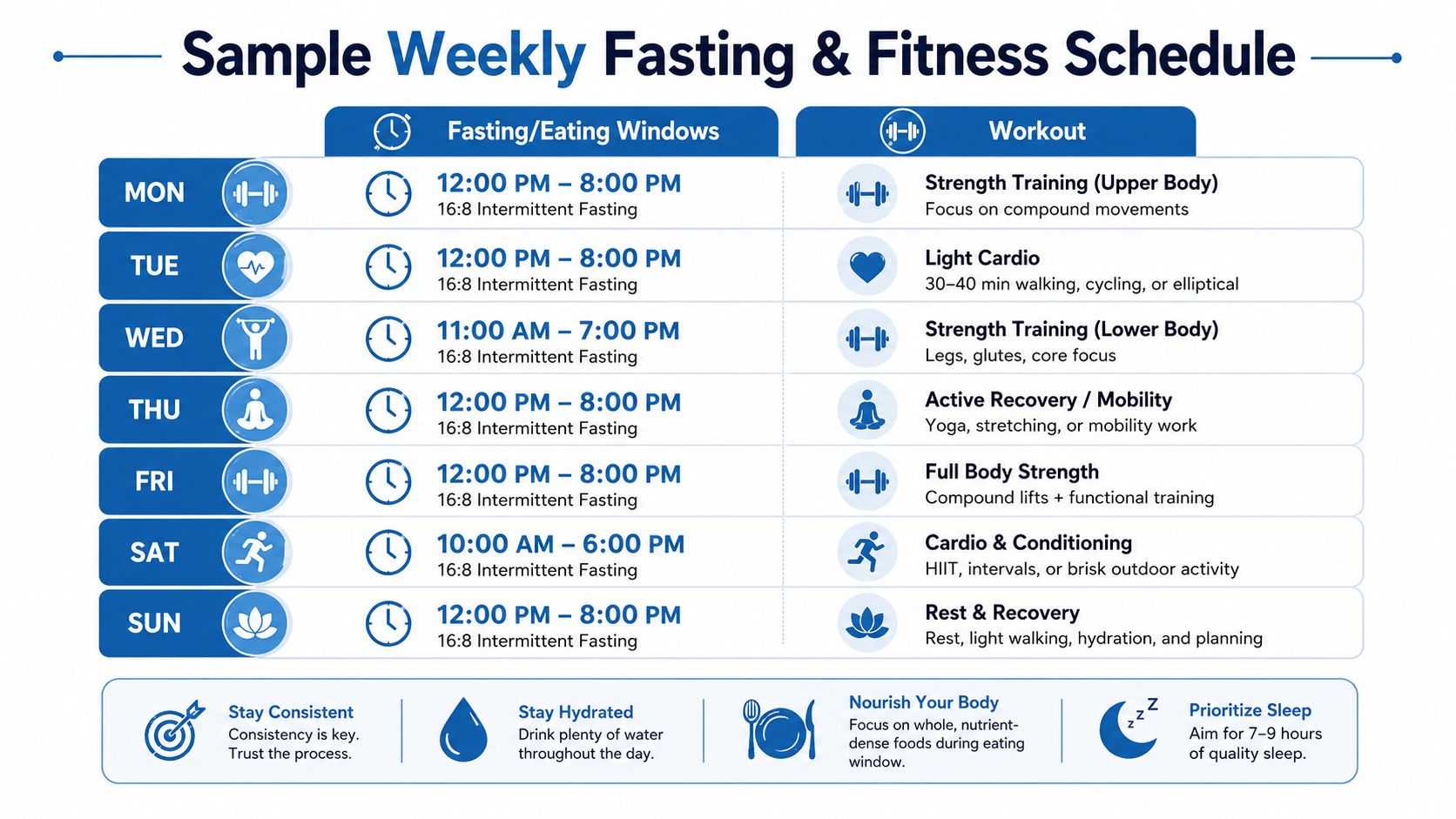 A weekly schedule template detailing intermittent fasting windows and daily fitness activities including strength training and cardio.