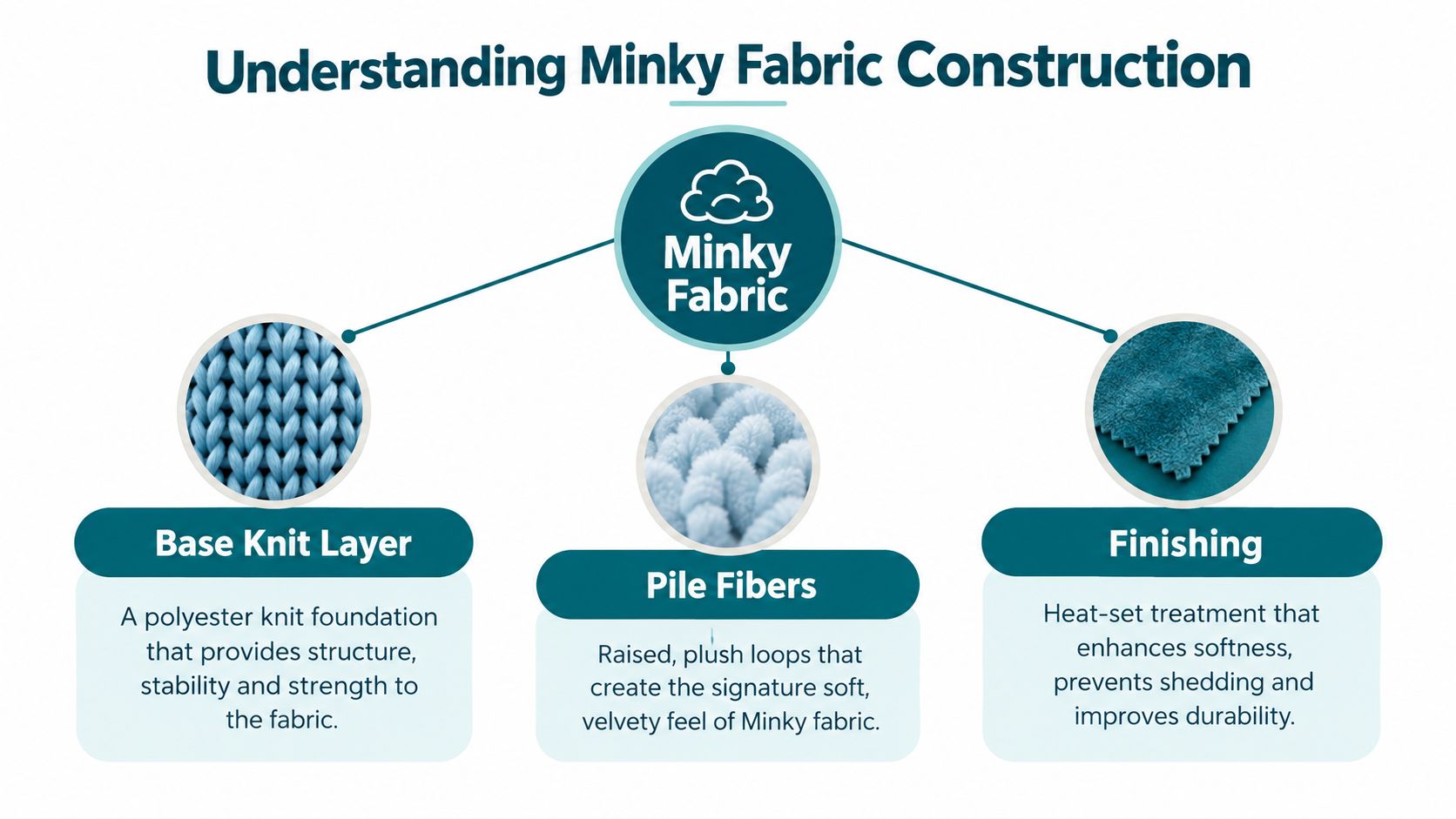 A diagram explaining Minky fabric construction, highlighting the base knit layer, pile fibers, and heat-set finishing.