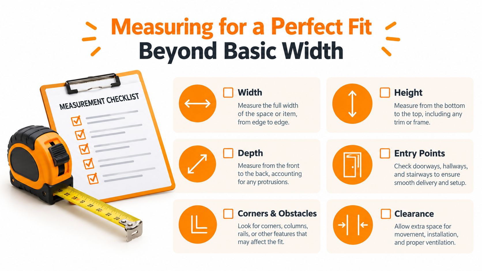 A measuring checklist infographic explaining how to measure dimensions for a perfect fit during home furniture delivery.