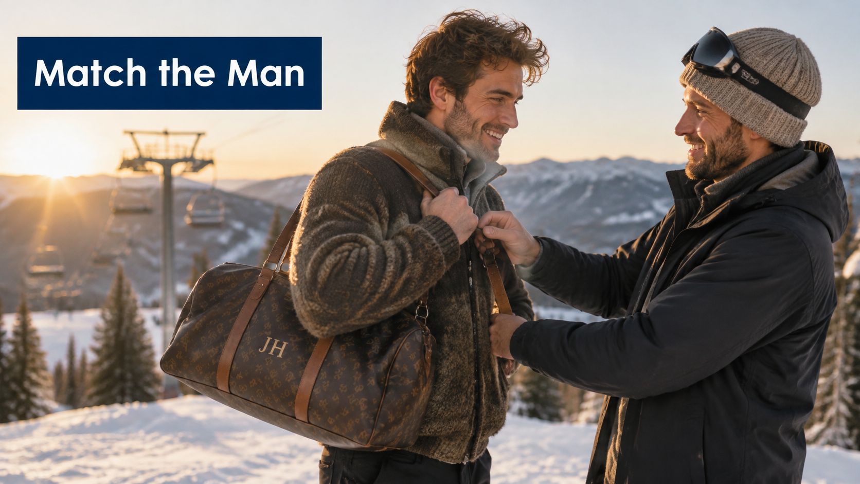 Two men standing in a snowy mountain setting with one holding a stylish brown monogrammed leather duffel bag.