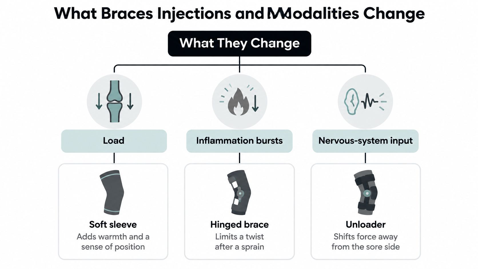 An infographic illustrating how different knee pain relief products like sleeves and braces manage joint symptoms.