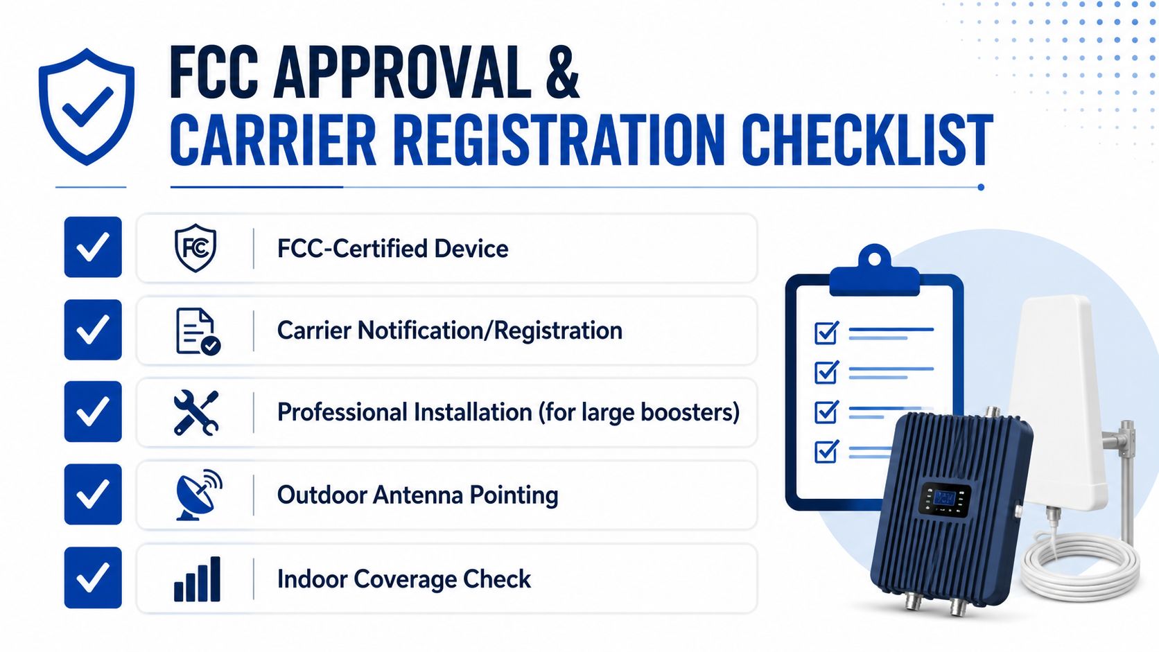 A checklist infographic detailing FCC approval and carrier registration requirements for a cell phone signal booster installation.