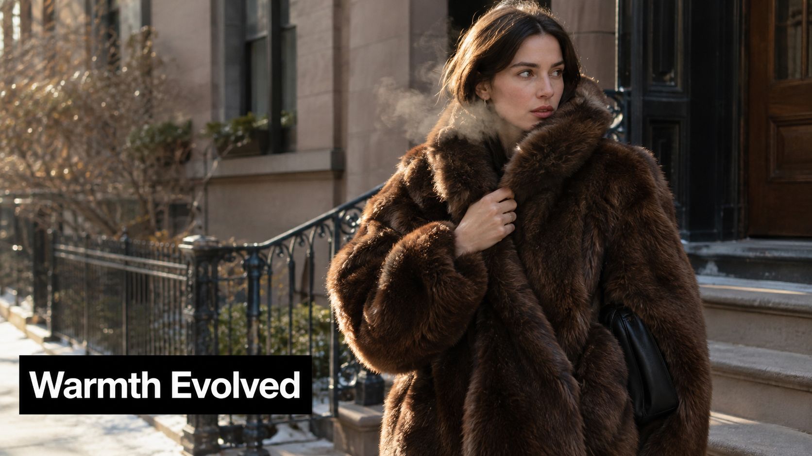 A stylish woman wearing a luxurious brown faux fur coat standing outdoors on a cold winter day.