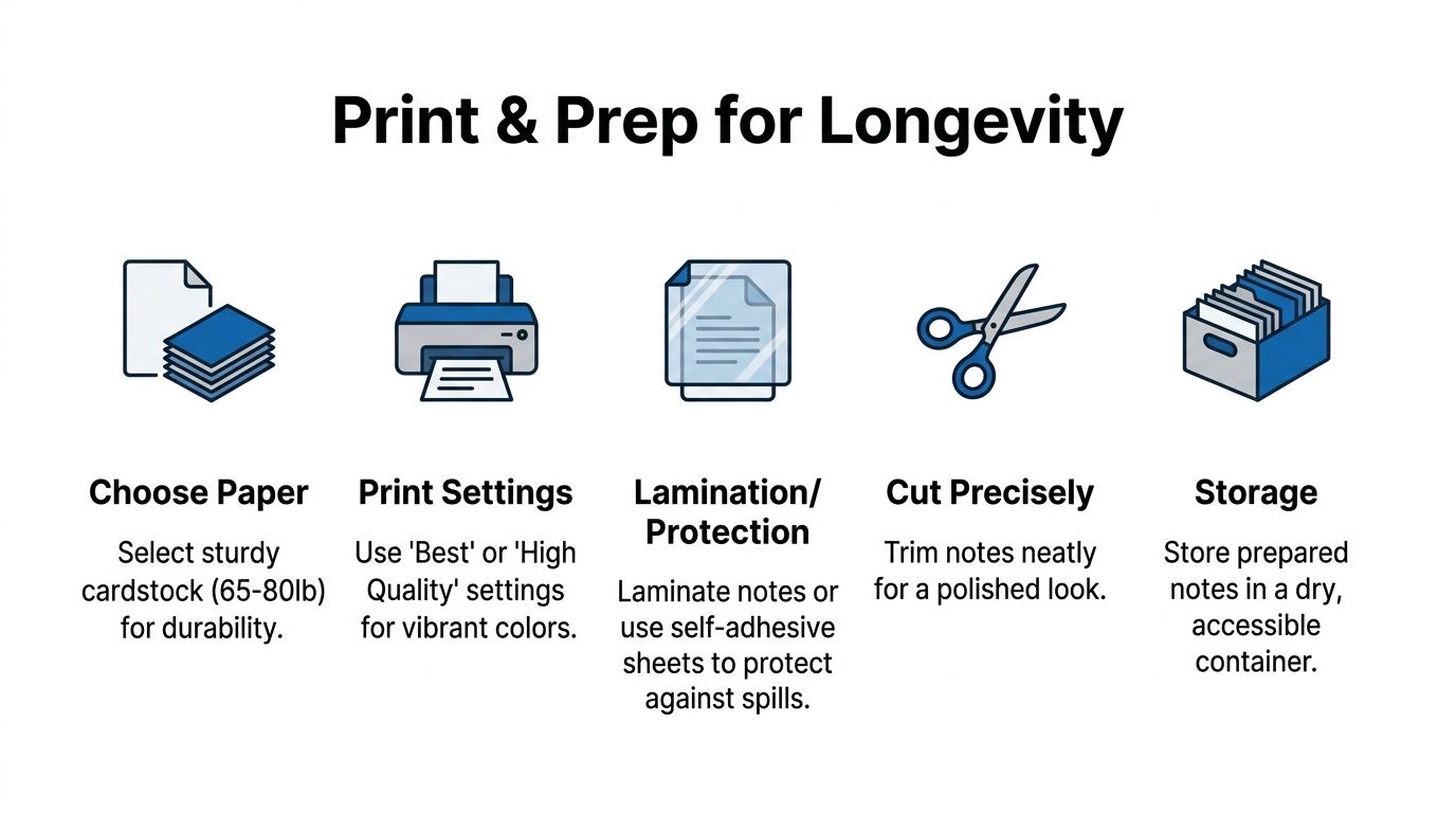 An infographic showing five essential steps to print and prep durable lunch box notes for longevity.