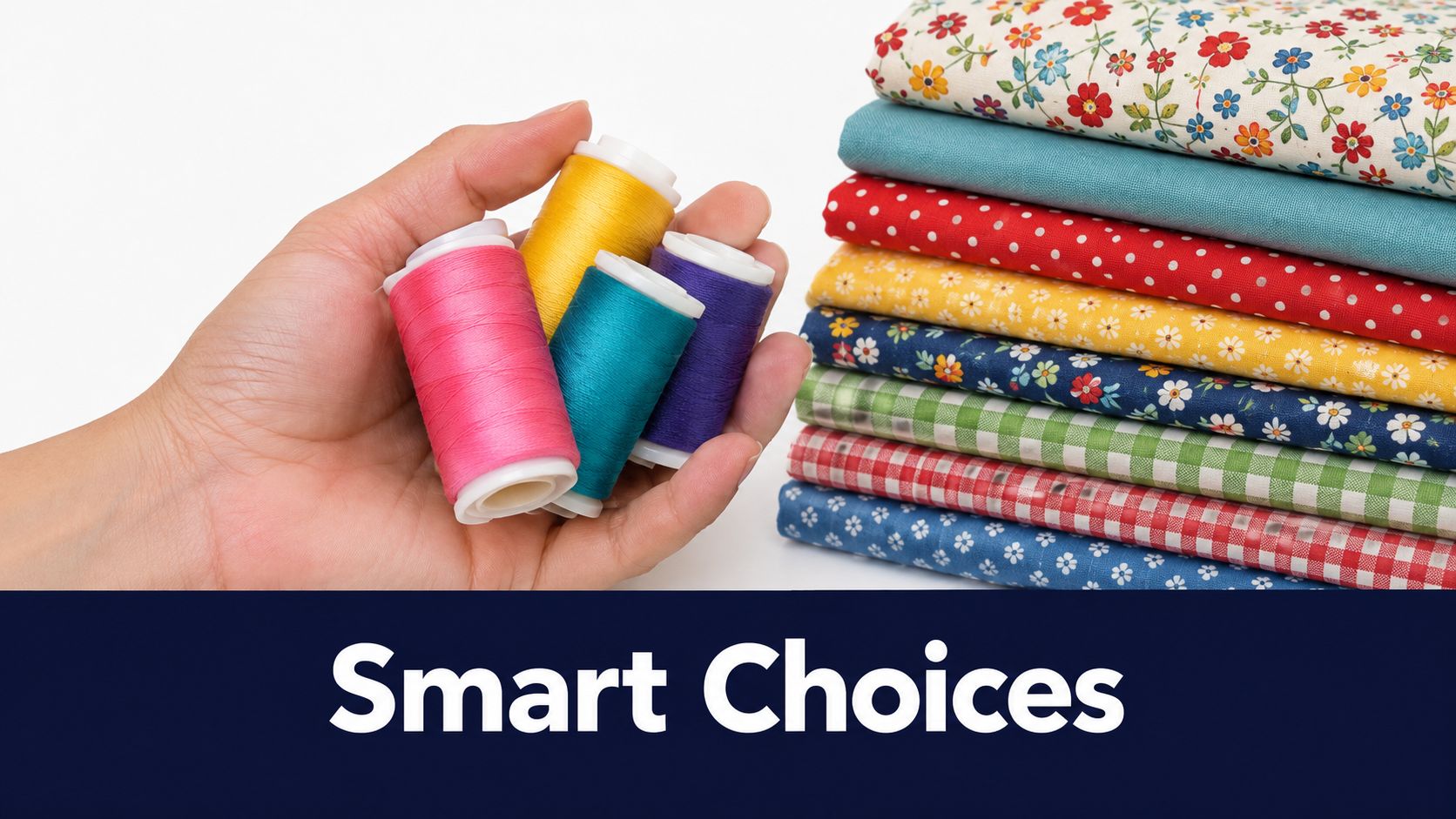 A hand holding colorful spools of thread next to a stacked pile of assorted fabric patterns.