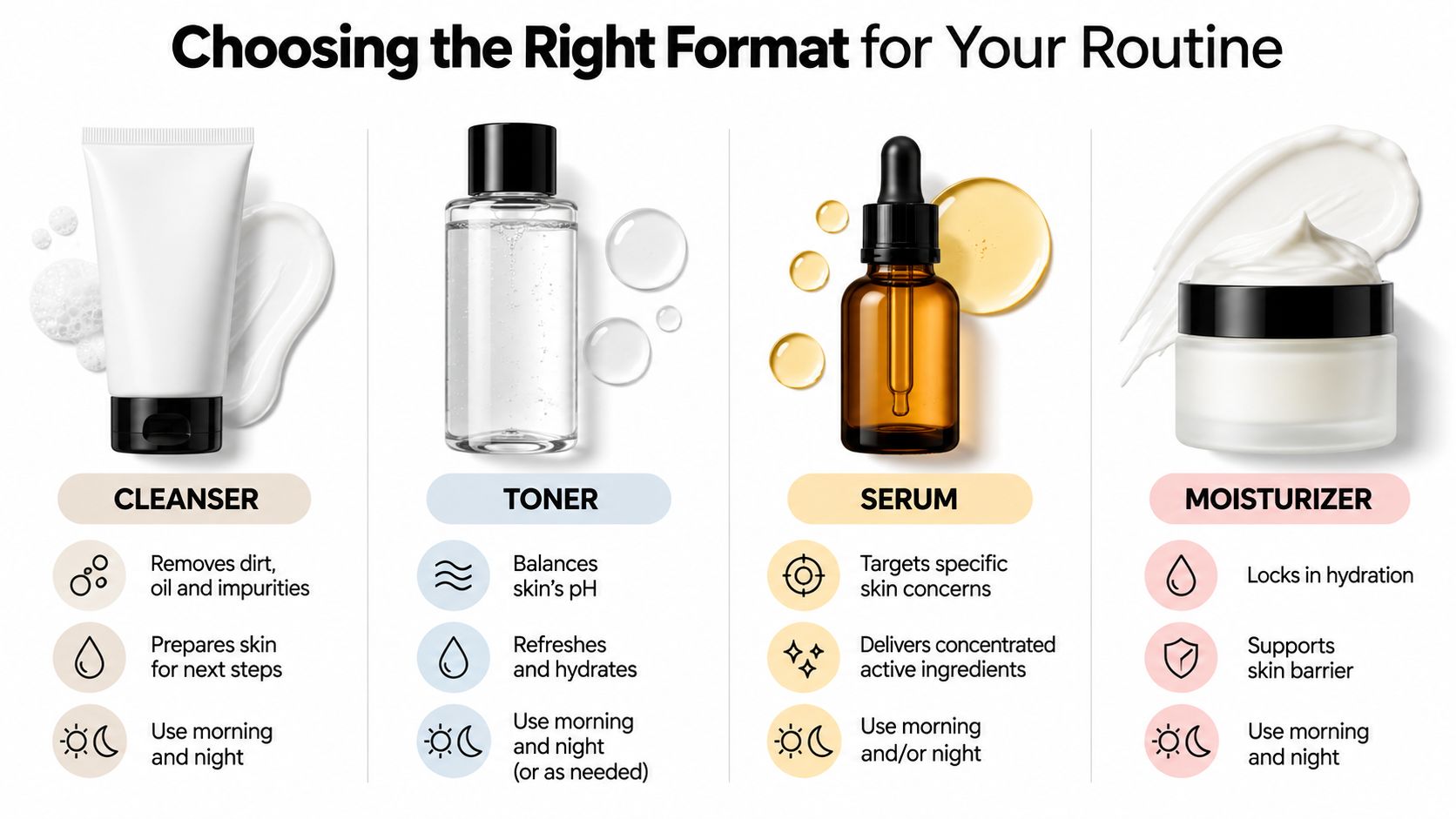 An infographic showing four common skincare product formats: cleanser, toner, serum, and moisturizer with usage instructions.