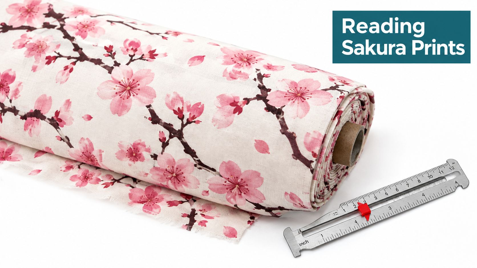 A fabric bolt with cherry blossom flower print pattern displayed next to a metal sewing seam gauge.